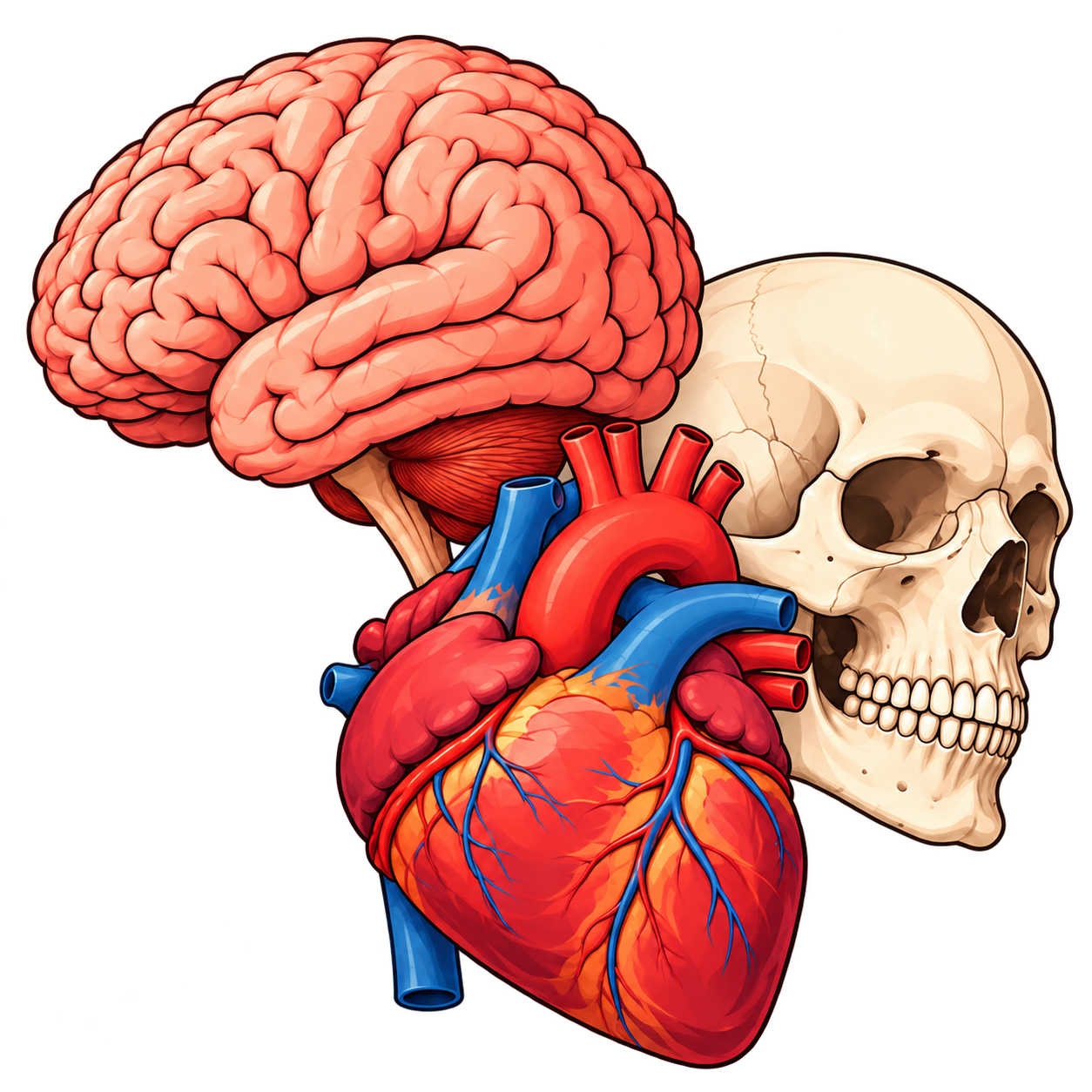 Ilustración decorativa de cerebro, corazón y cráneo.